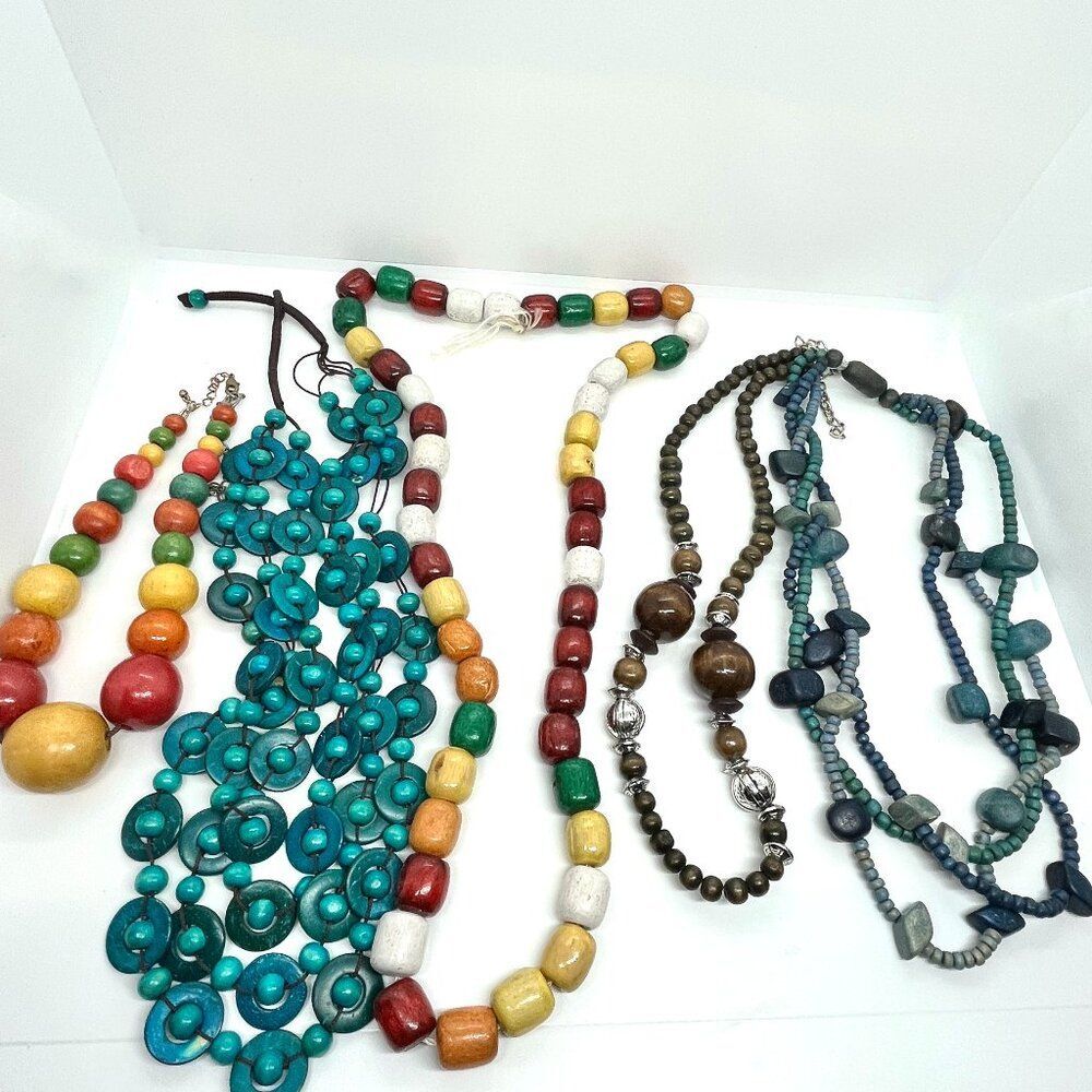 VINTAGE WOOD Necklace Lot Bead Boho Multicolor Chunky Statement Jewelry Set of 5
